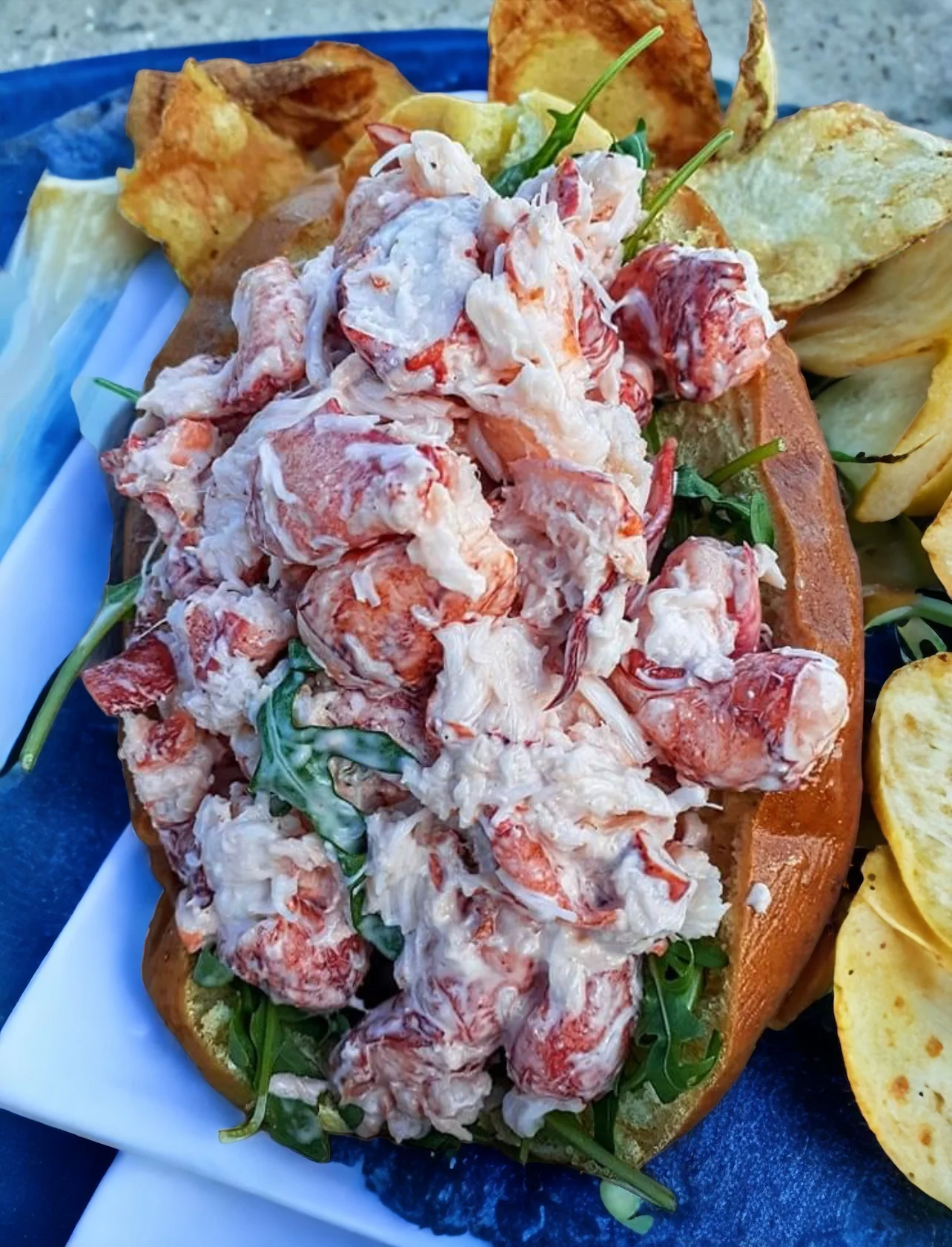 Lobster roll served with crispy potato chips