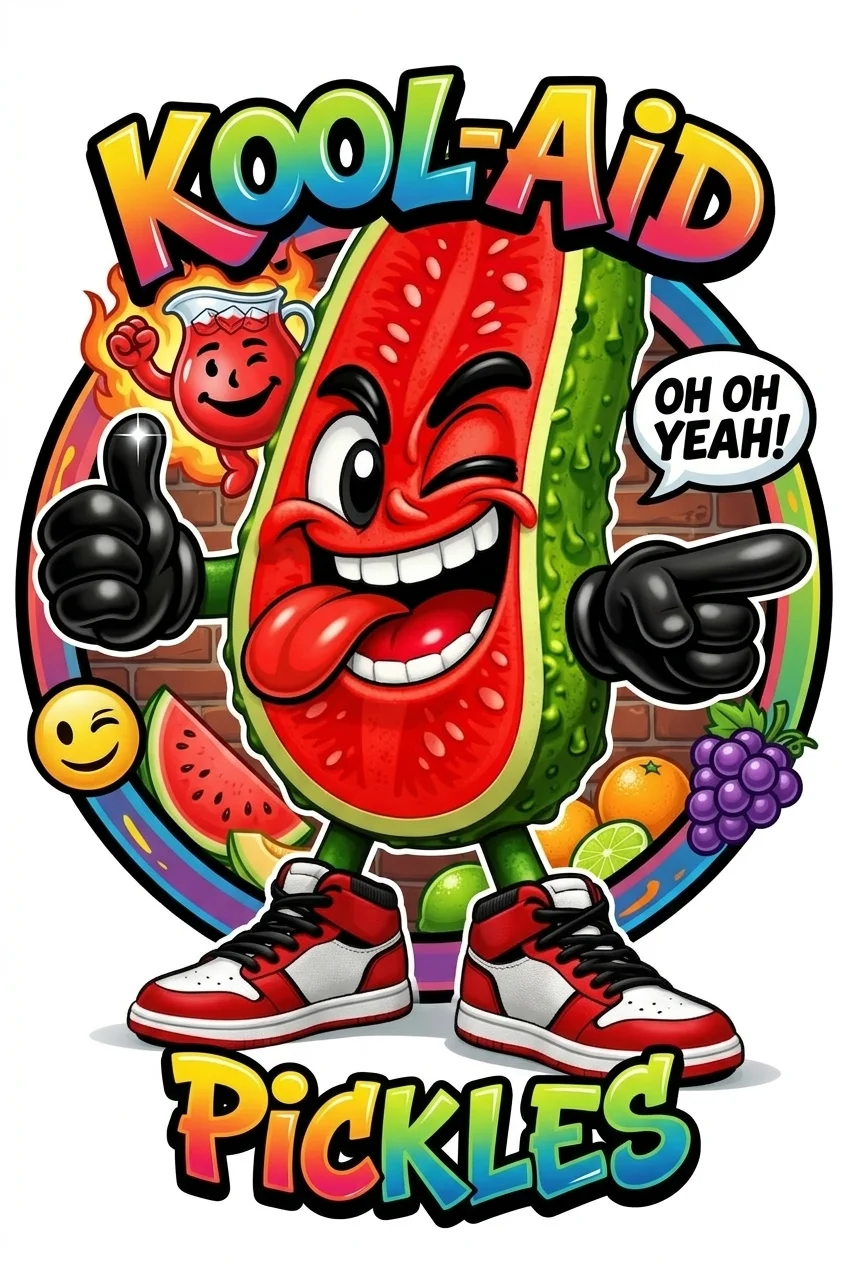 A bright and playful graphic of a character resembling a pickle with a red color scheme and sneakers, promoting a Kool-Aid flavor.