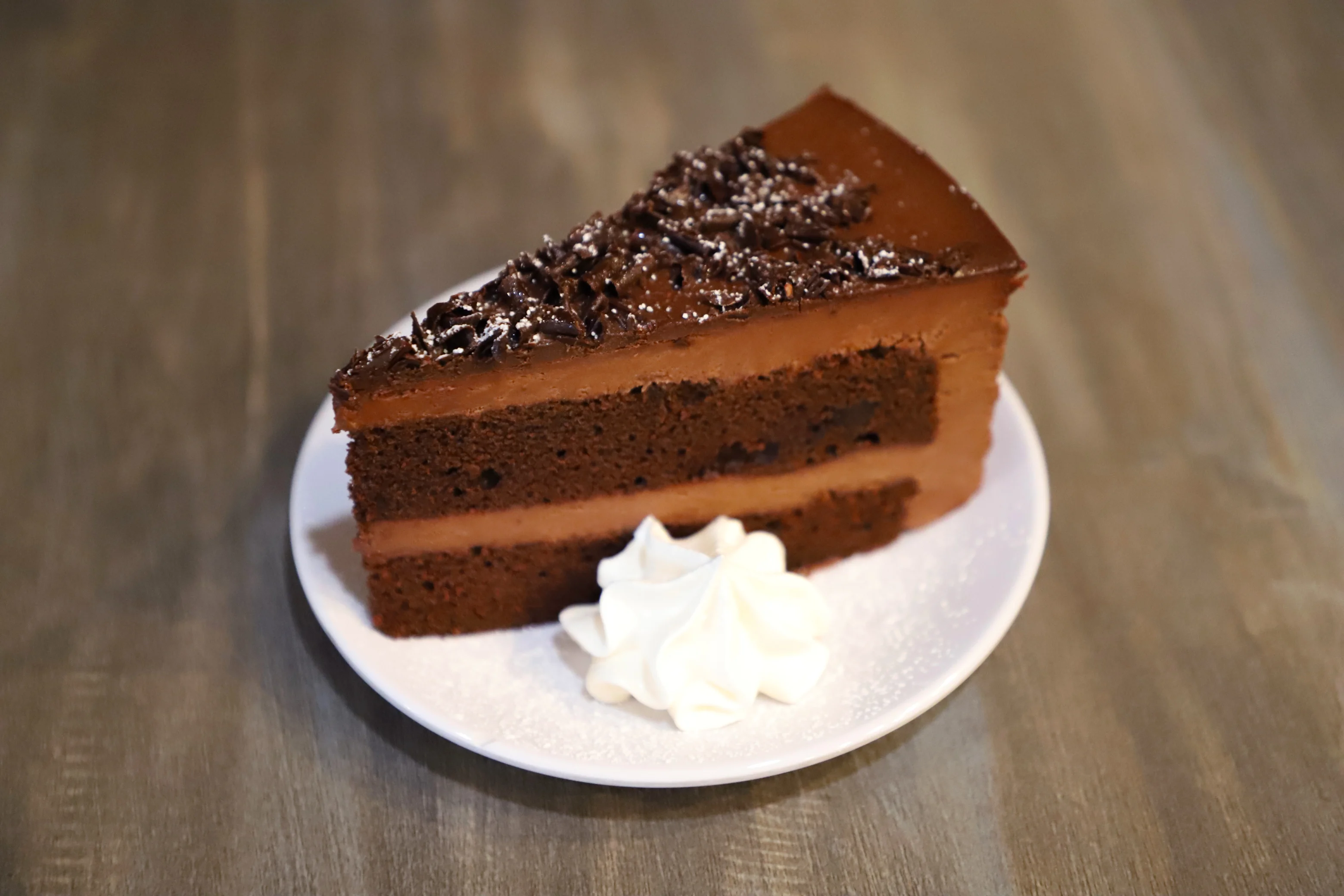 Decadent chocolate layer cake with whipped cream