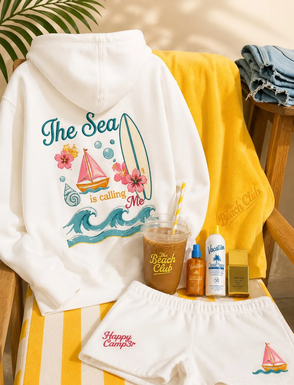 A cozy beach-themed setup featuring a white hoodie with a nautical design, white shorts, a cup of iced coffee, and sunscreen products, arranged on a striped deck chair.