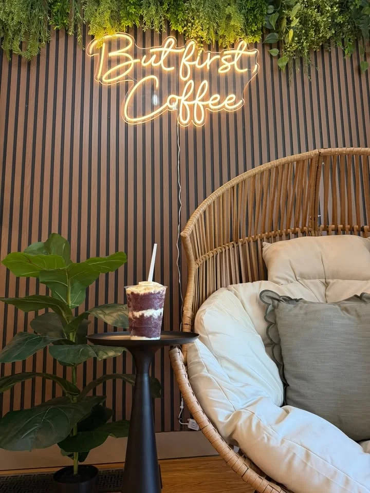 Cozy café corner with a coffee drink and stylish decor
