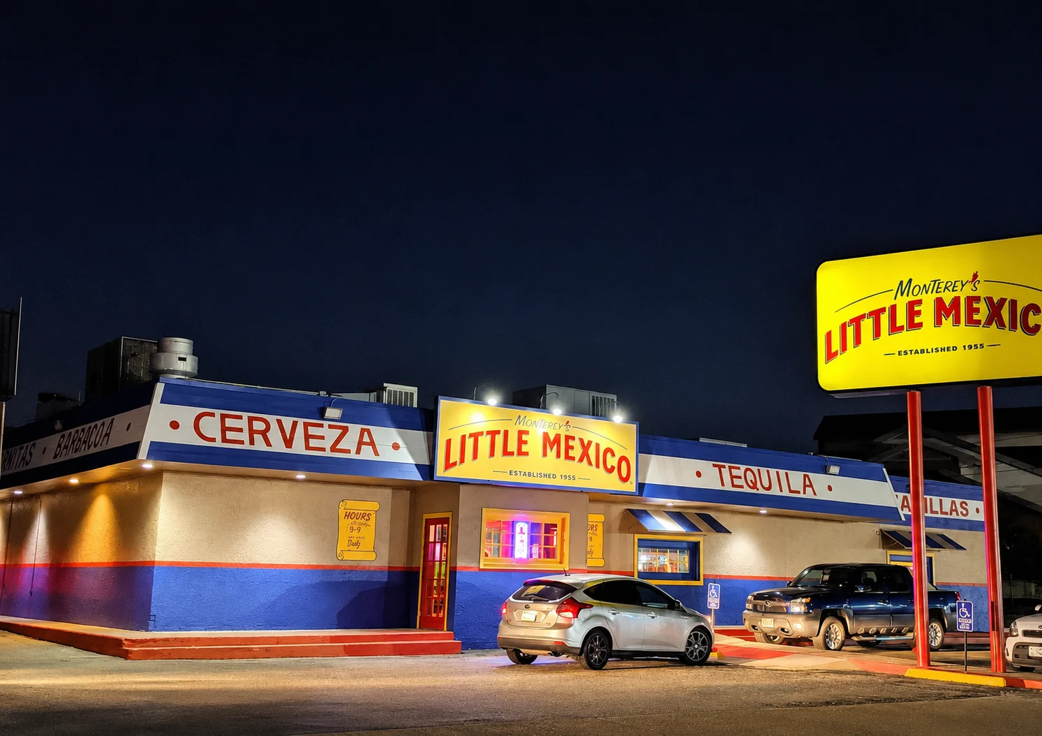 Exterior view of Monterey's Little Mexico restaurant at night