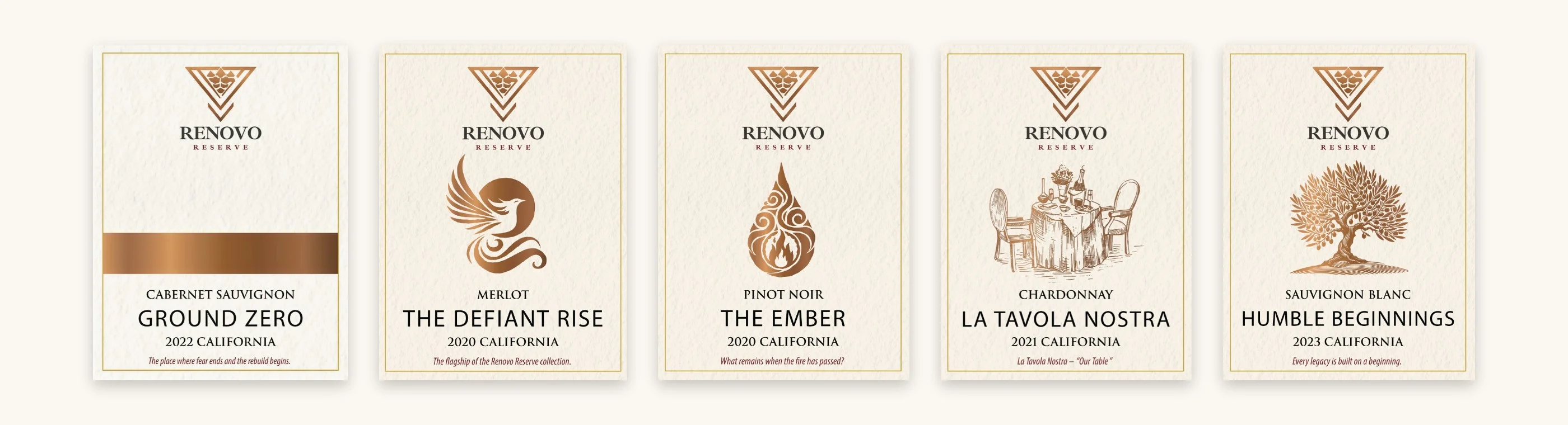 Renovo Reserve wine labels: Ground Zero Cabernet Sauvignon, The Defiant Rise Merlot, The Ember Pinot Noir, La Tavola Nostra Chardonnay and Humble Beginnings Sauvignon Blanc
