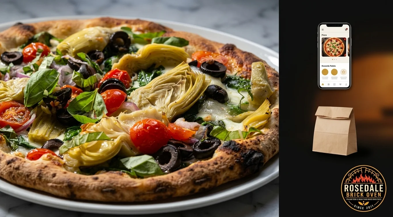 Vegetarian pizza with artichokes and olives from a wood-fired oven