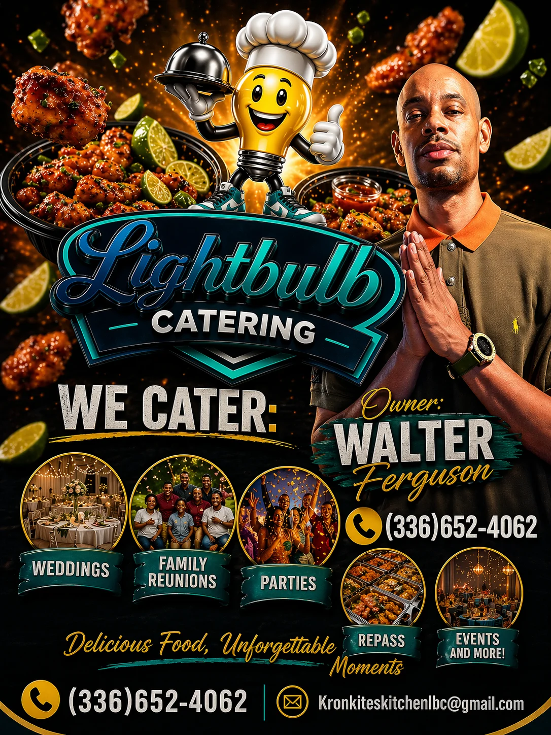 A vibrant catering advertisement showcasing delicious food and events. The design includes a cartoon character dressed as a chef with various food items in the background.