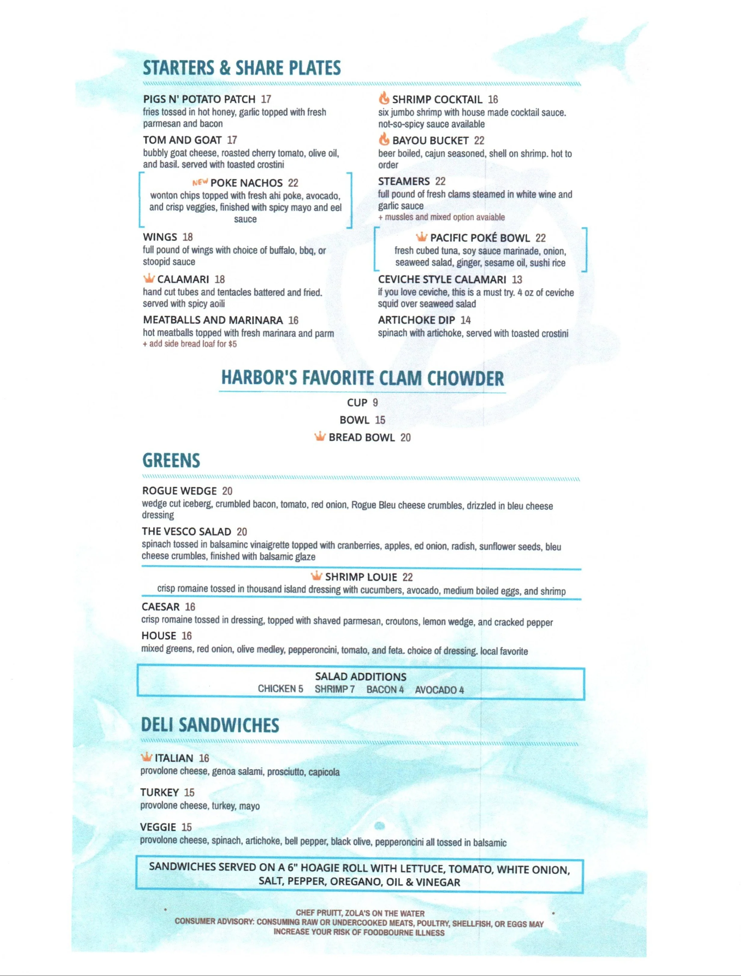 Menu featuring starters, greens, and deli sandwiches with prices.
