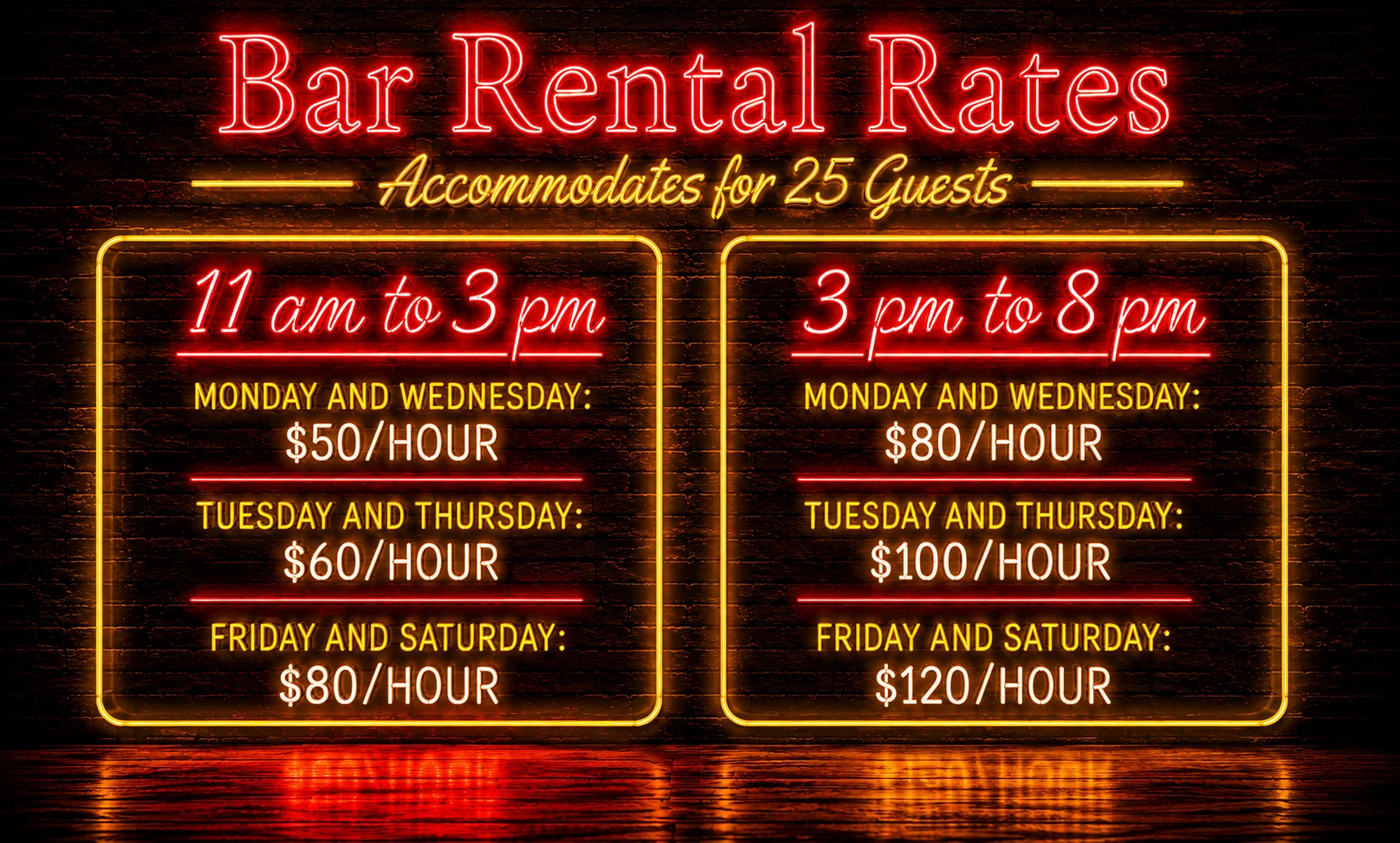Bar rental rates for events accommodating 25 guests