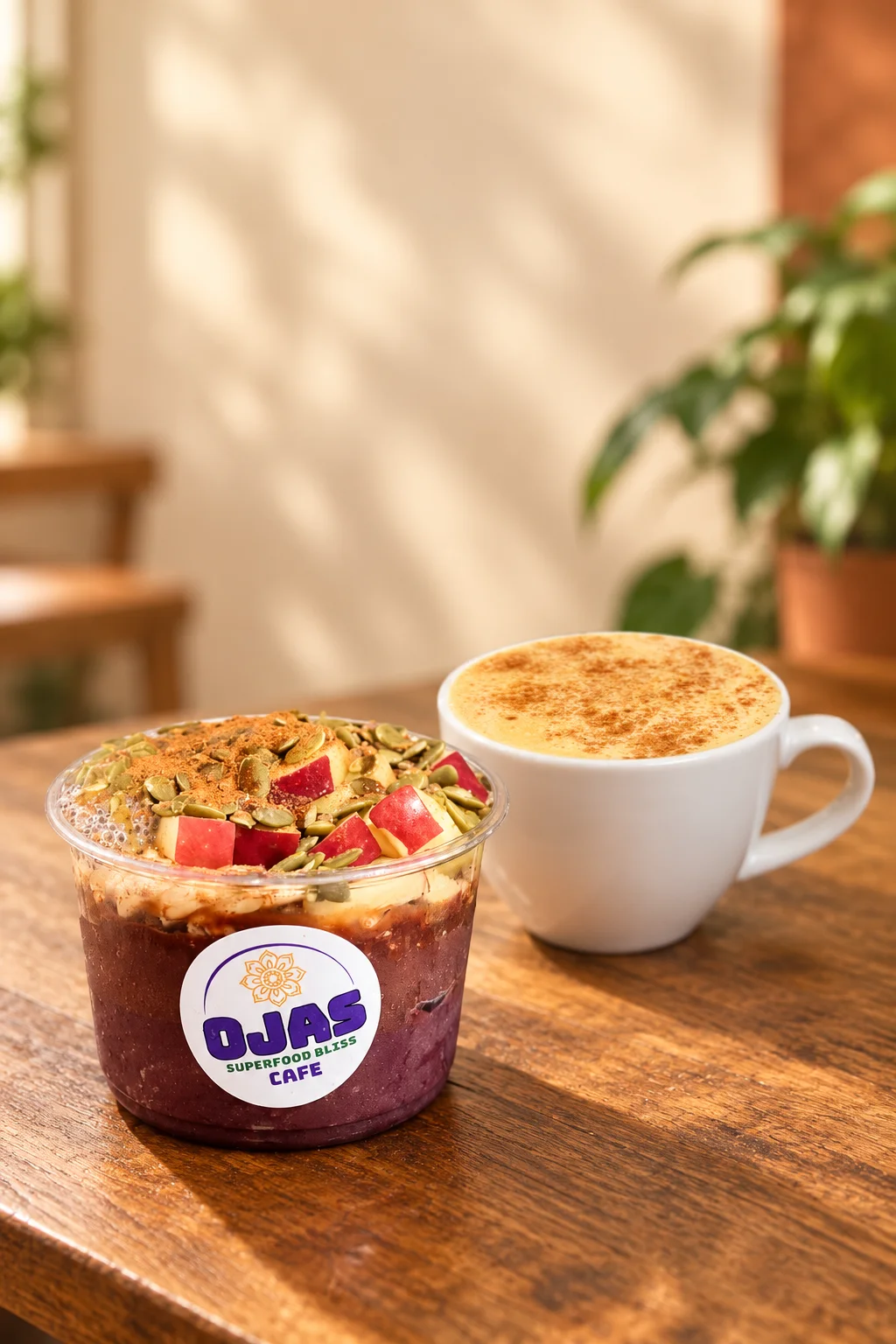 Ojas Pumpkin Spice Bliss Bowl with apple and pumpkin seeds beside a Pumpkin Spice Chai