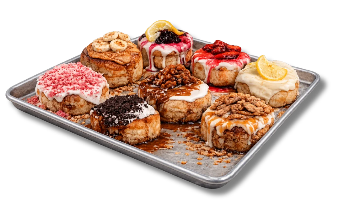 Assorted gourmet cinnamon rolls in a box