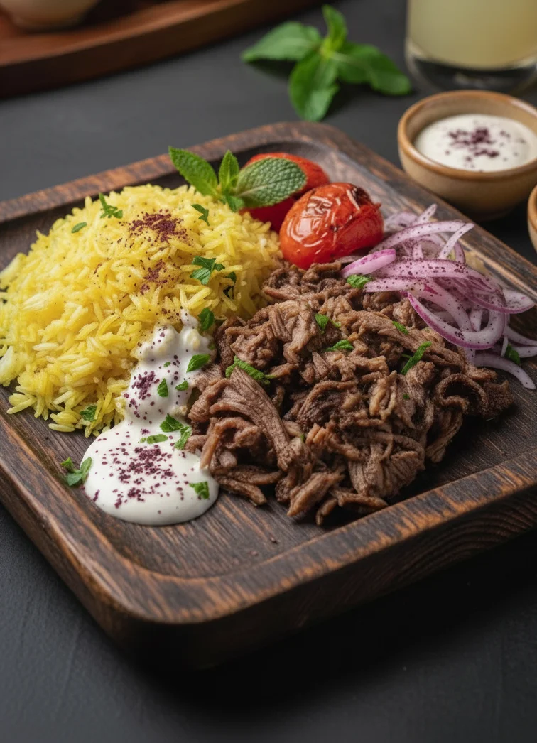 Persian kebab platter with saffron rice and yogurt sauce