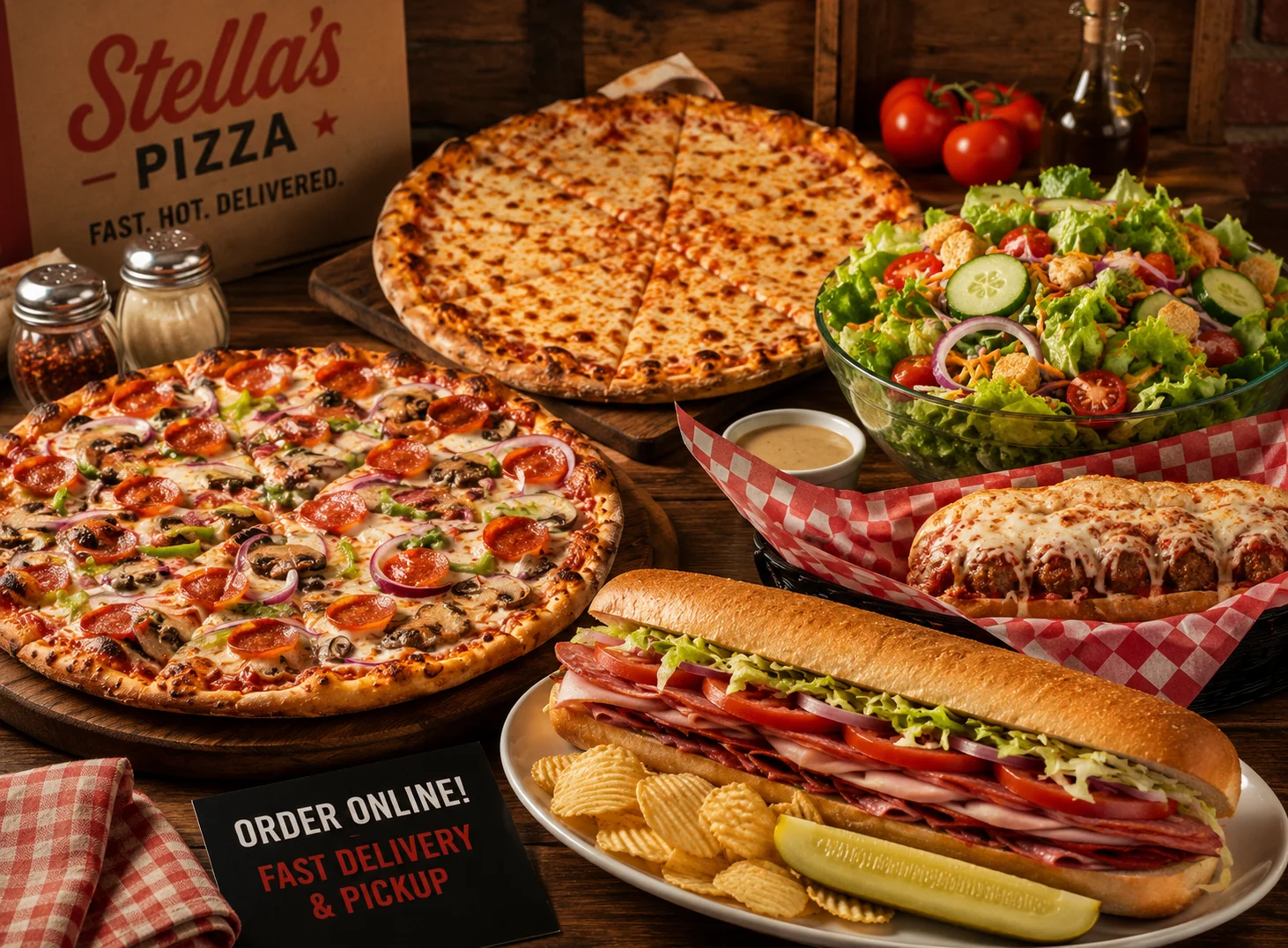 Delicious pepperoni pizza and sub sandwich in a cozy restaurant setting