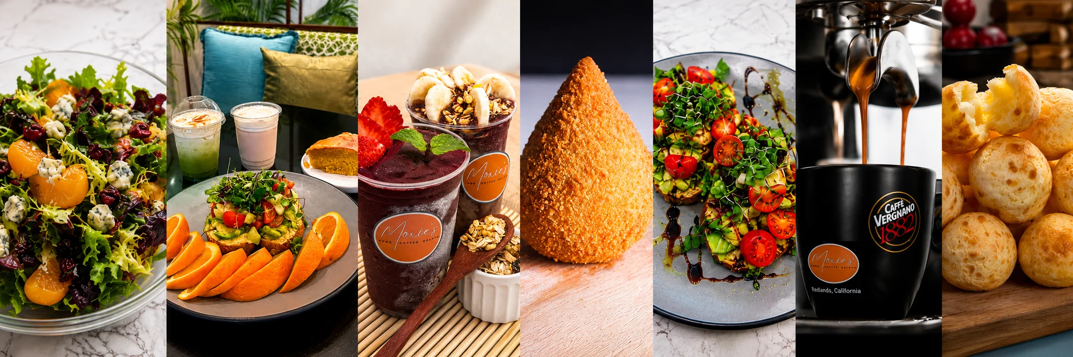 A variety of colorful dishes including salads, Lattes, Gelato and Sandwiches