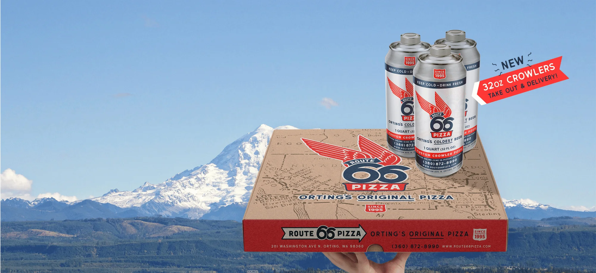 Route 66 pizza box with crowlers against a mountain backdrop