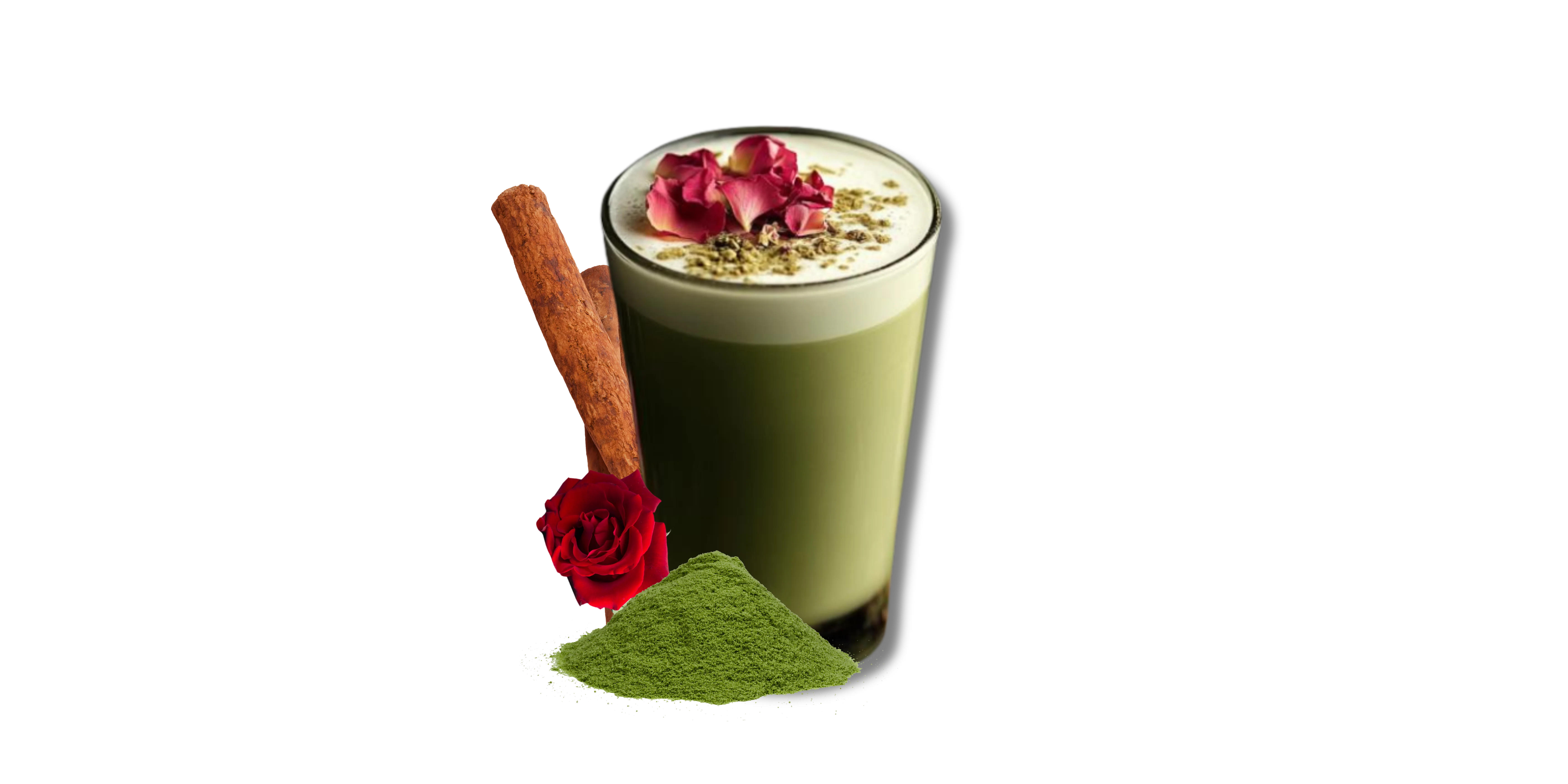 Matcha latte with rose petals and cinnamon garnish
