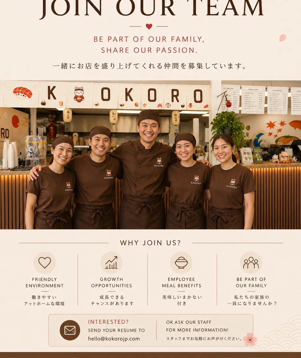 Kokoro Japanese Cuisine team recruitment poster with staff and logo.