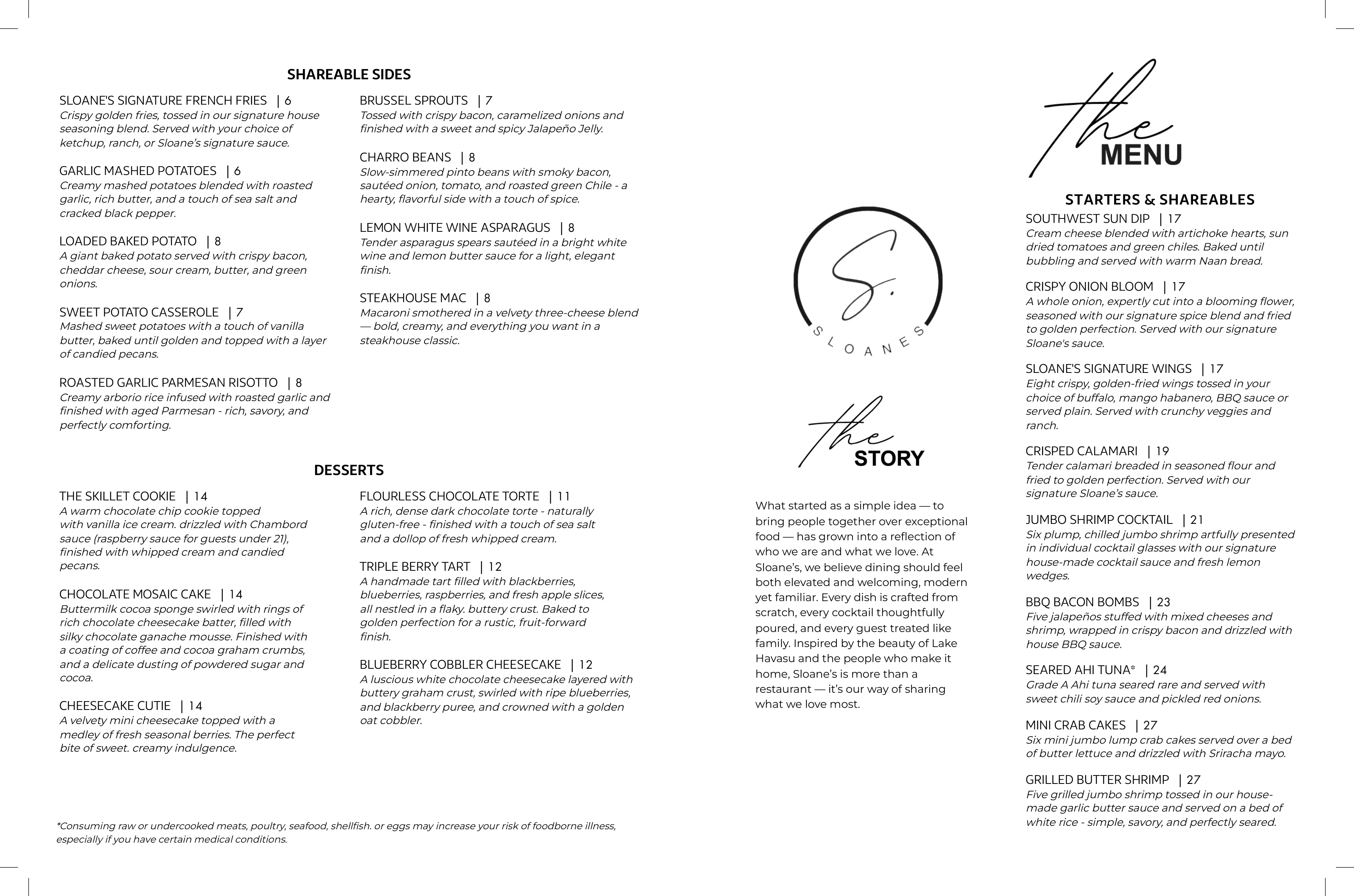 Menu featuring American comfort food and desserts