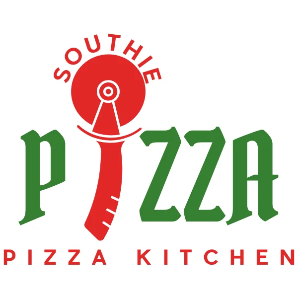 Pizza kitchen restaurant logo with red and green typography