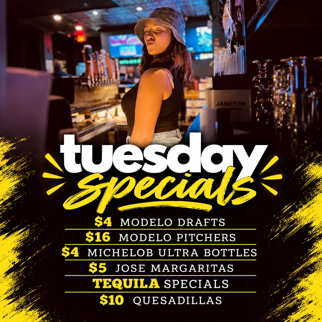 Bartender showcasing Tuesday drink specials at a vibrant bar