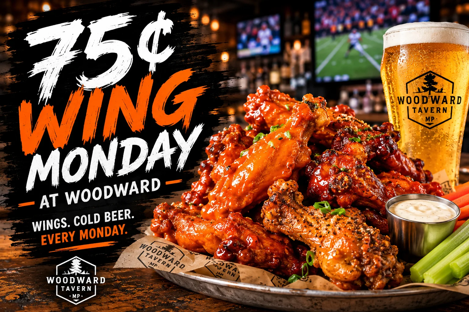 75 cent Wing Monday at Woodward Tavern in Mount Pleasant featuring chicken wings, cold beer and Monday night sports.