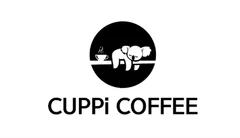 Cuppi Coffee logo featuring a playful elephant and coffee cup