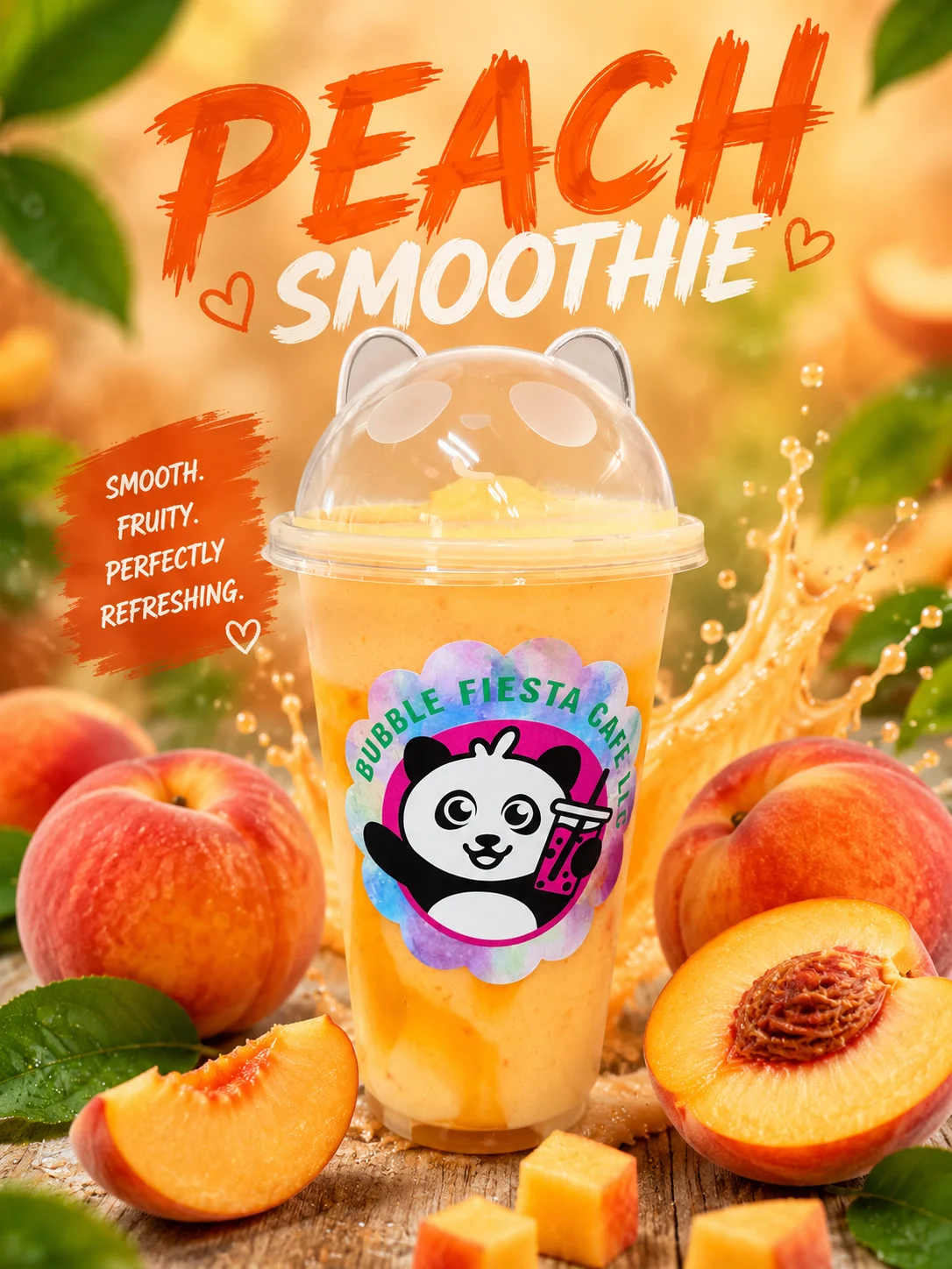 Refreshing peach smoothie in a clear cup with fruit splashes