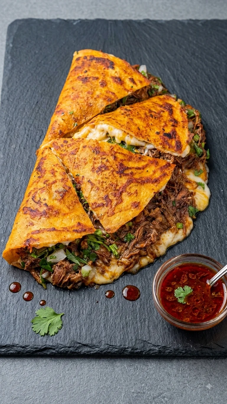 Three sections of a large taco filled with meat and green onions, placed alongside a small bowl of spicy sauce.