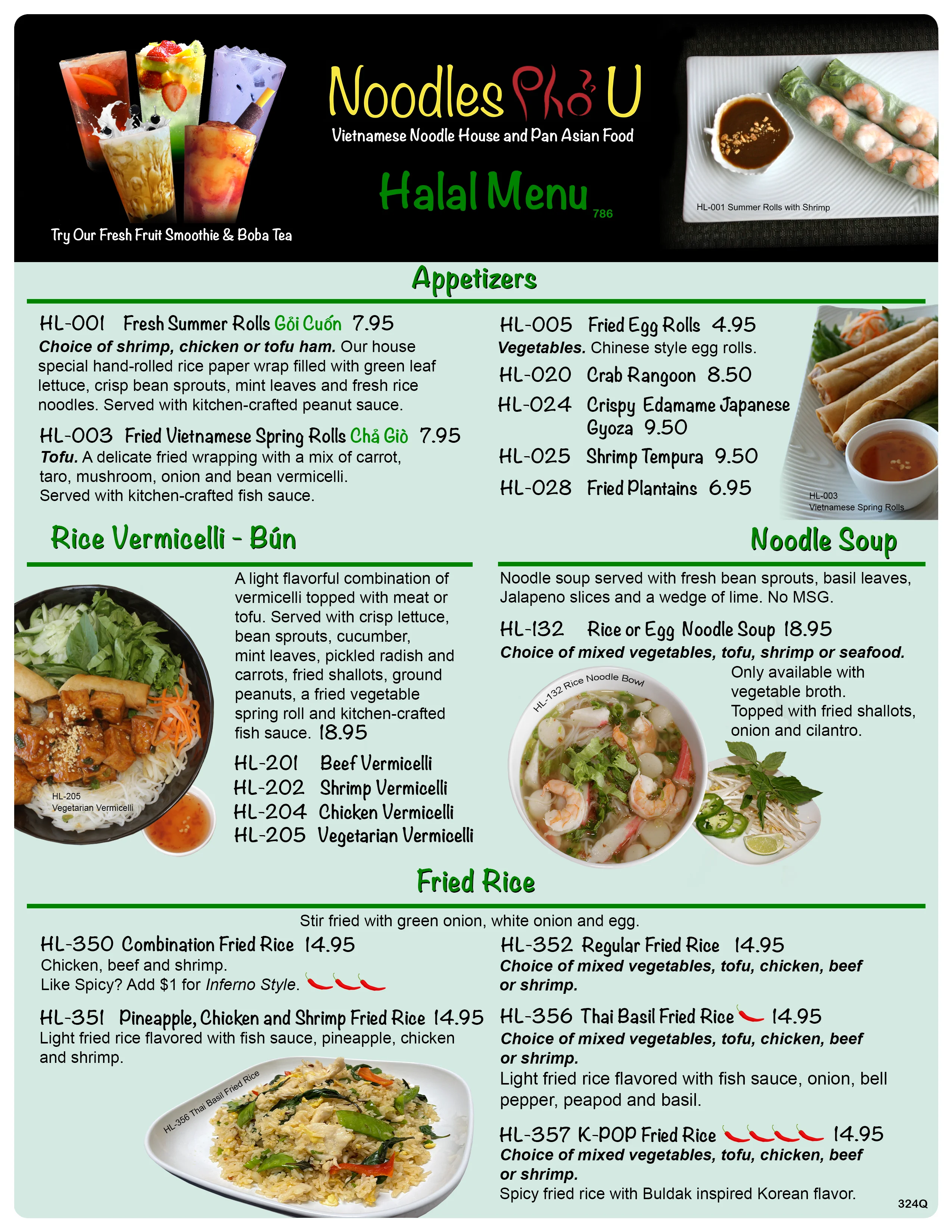 Vietnamese halal menu featuring pho and rice dishes
