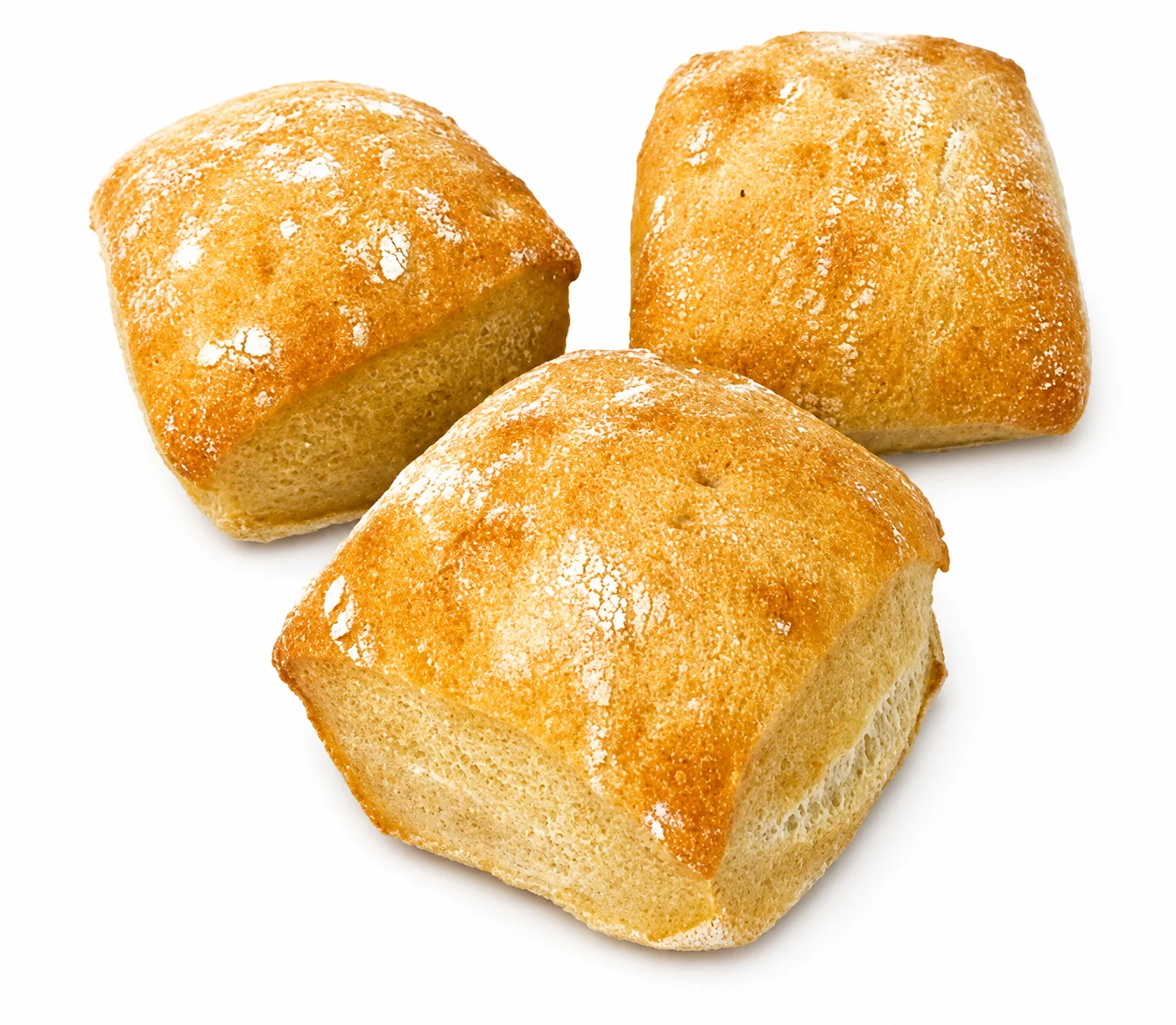 Three golden, crusty bread rolls on a white background.