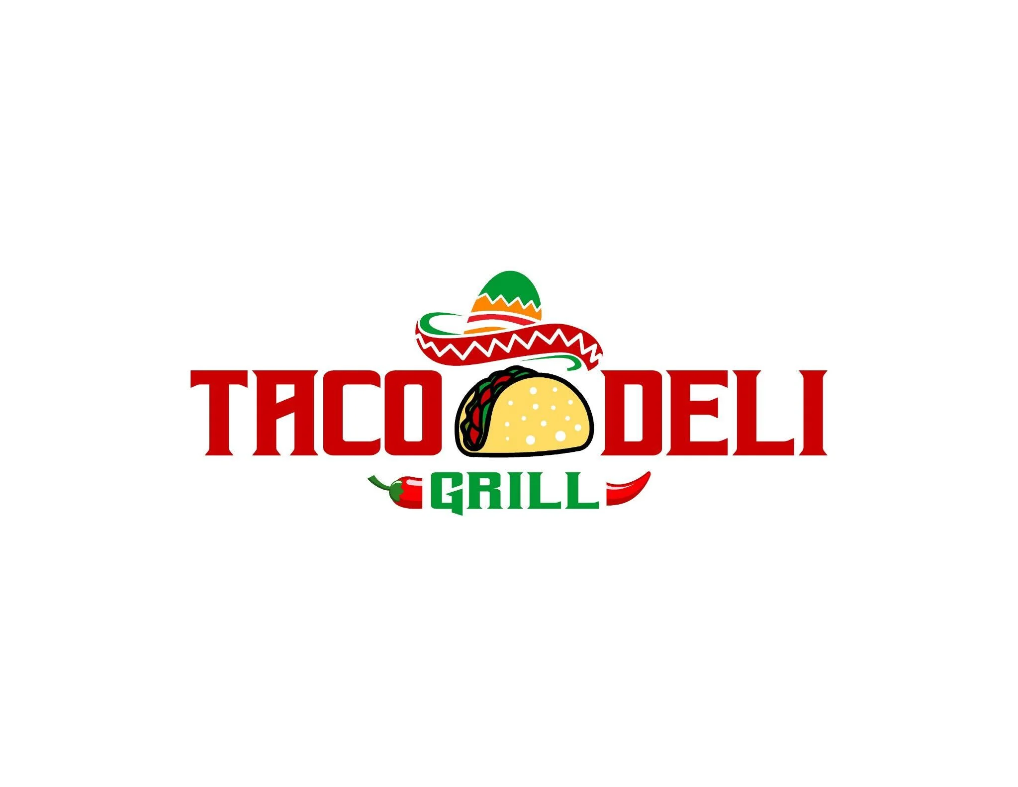 Colorful logo for Taco Deli Grill featuring a taco and sombrero