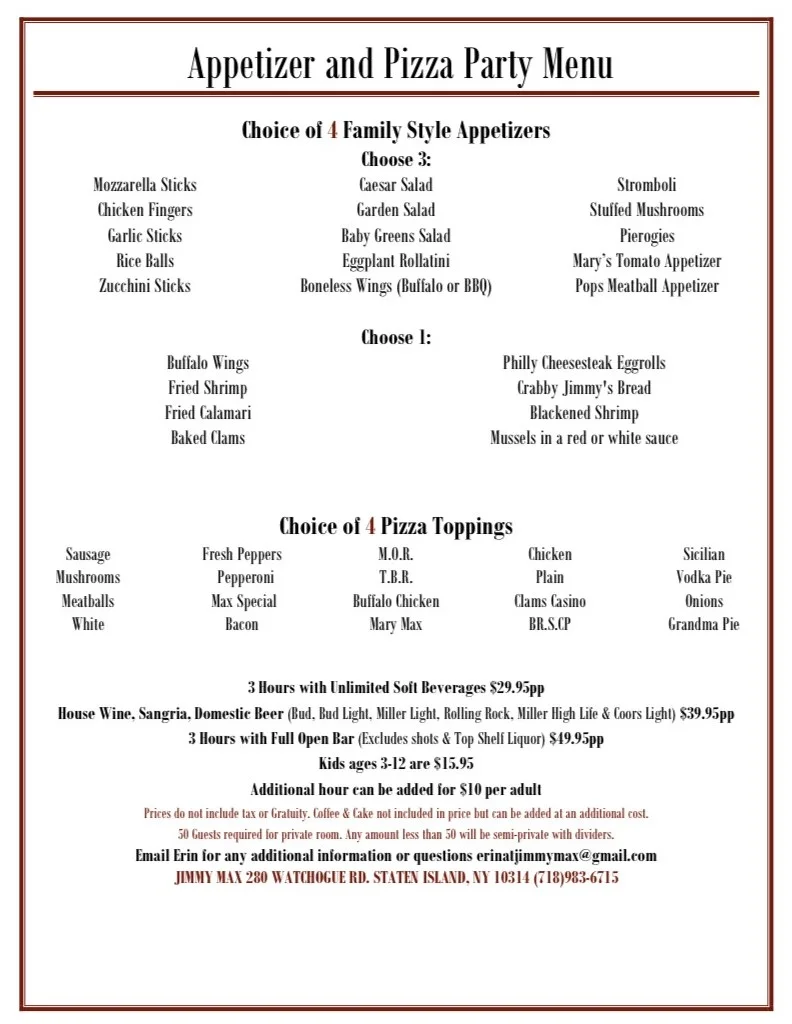 Jimmy Max Pizza Party Room Catering Menu