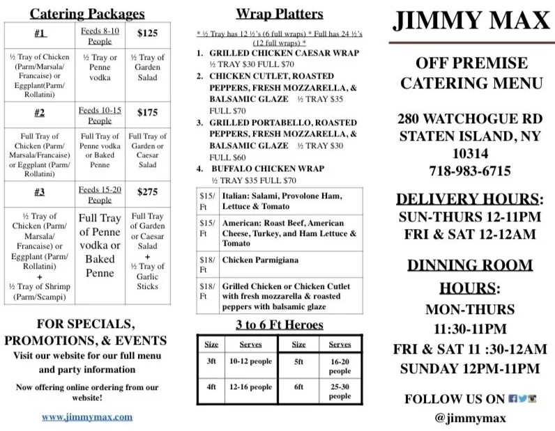 Catering menu featuring various Italian dishes and wrap platters