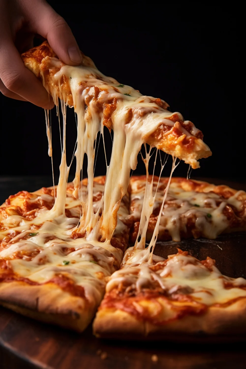 A slice of cheesy pizza being pulled away from the pie, showcasing gooey melted cheese.