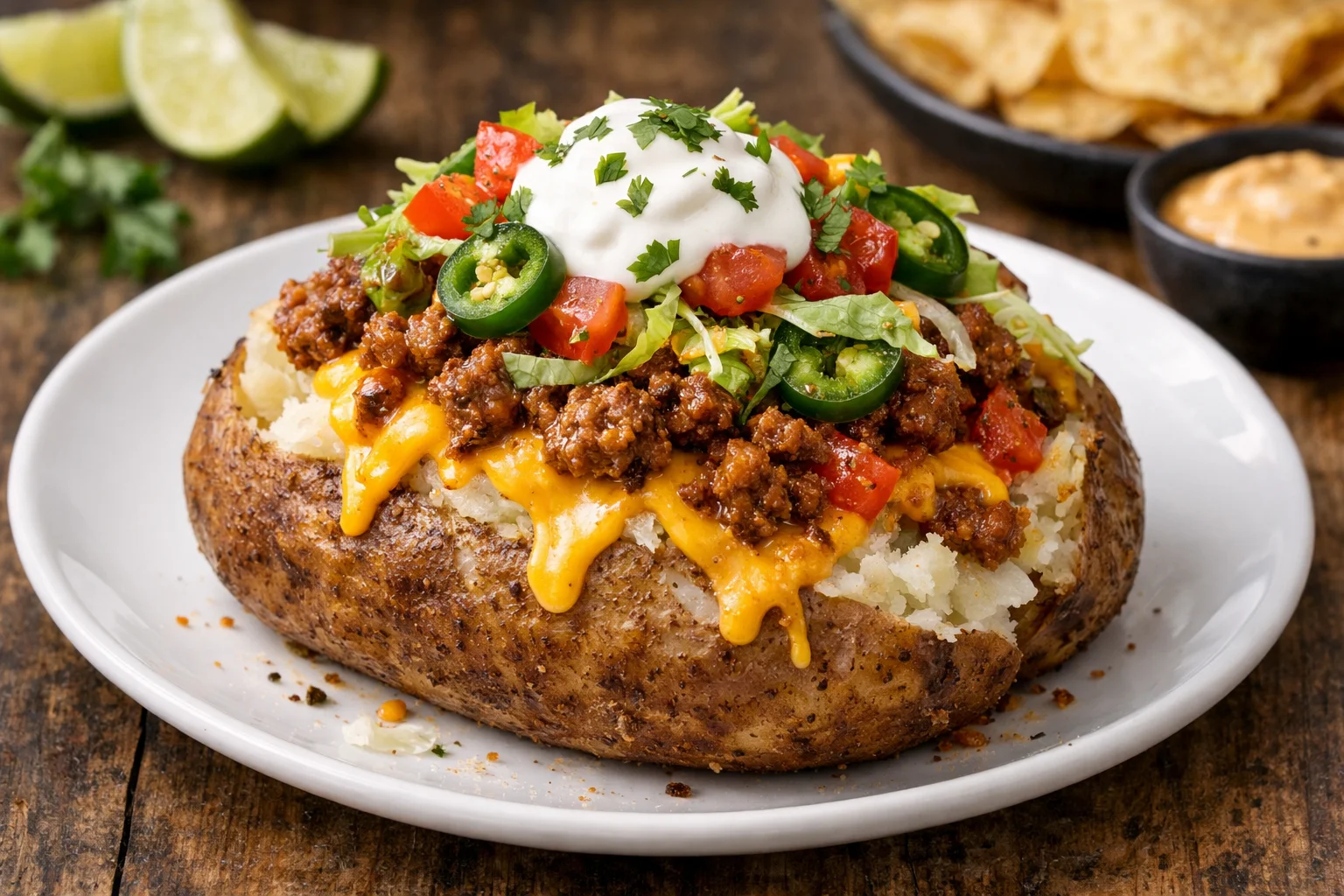 A baked potato loaded with ground meat, cheese, fresh vegetables, and sour cream, garnished with herbs and lime.
