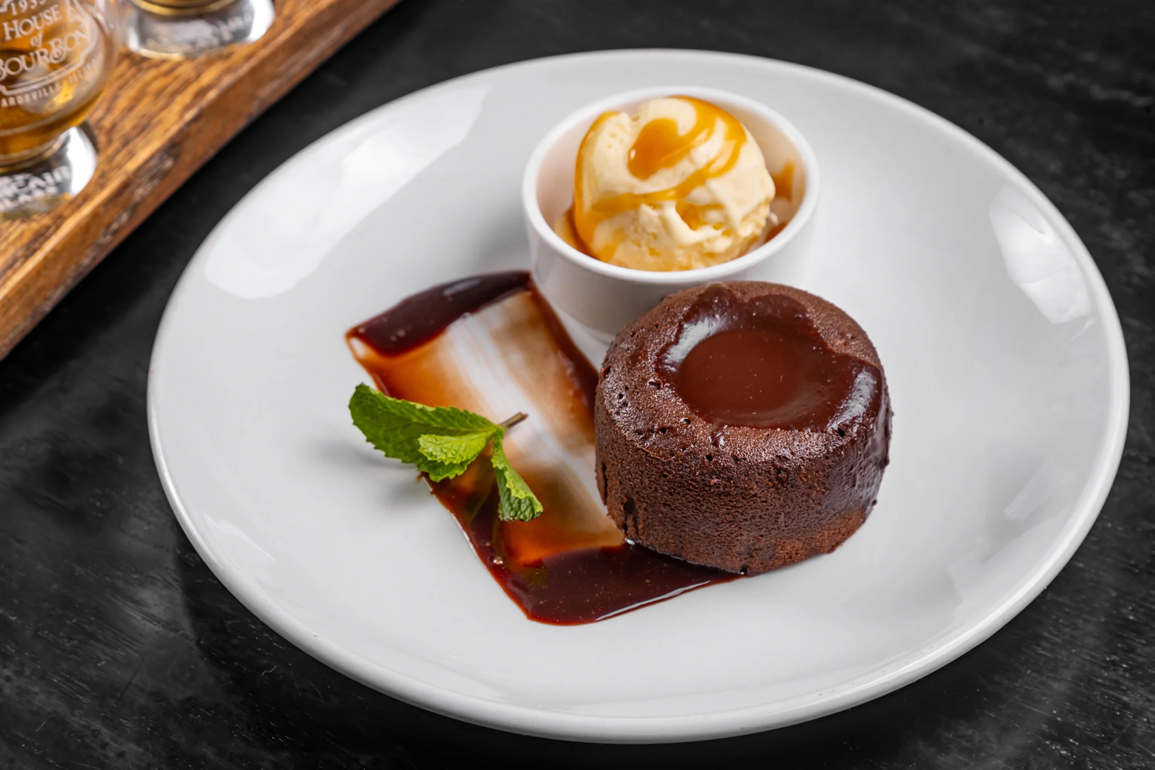 Decadent chocolate lava cake with vanilla ice cream