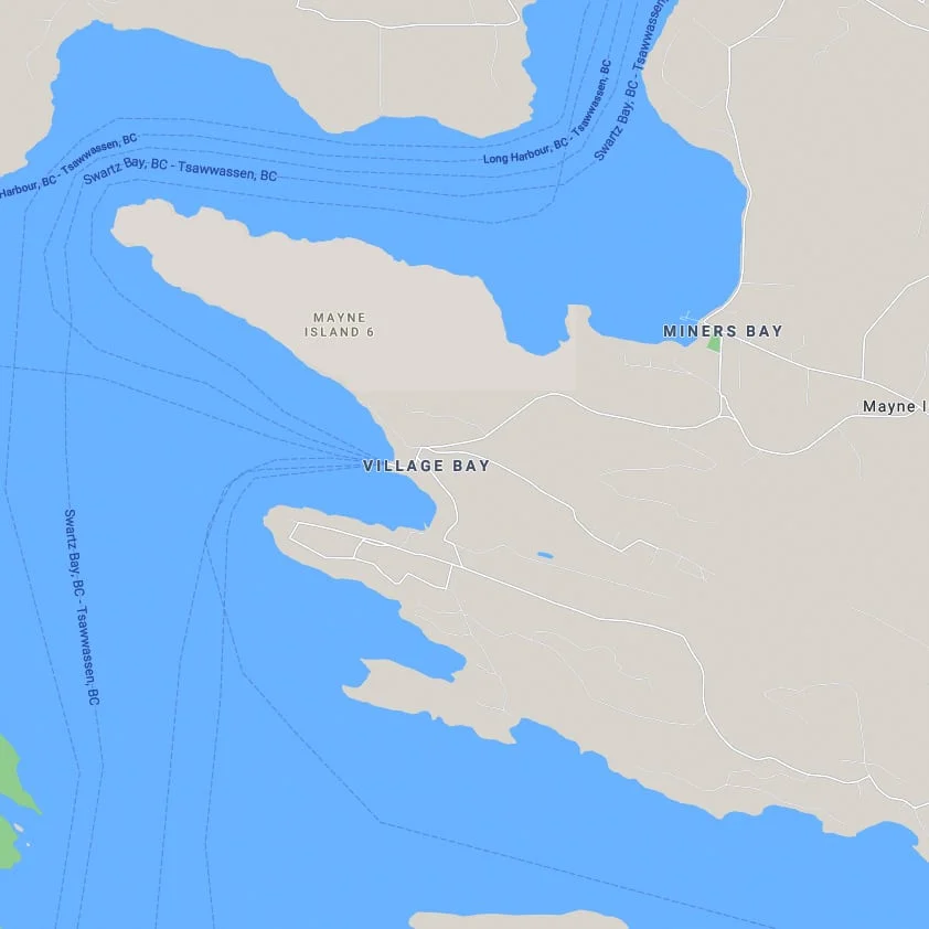 Map showing Mayne Island with Village Bay and Miners Bay