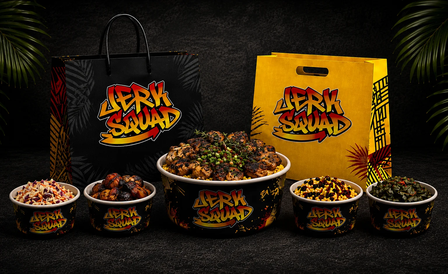 Jamaican jerk chicken bowls with vibrant packaging