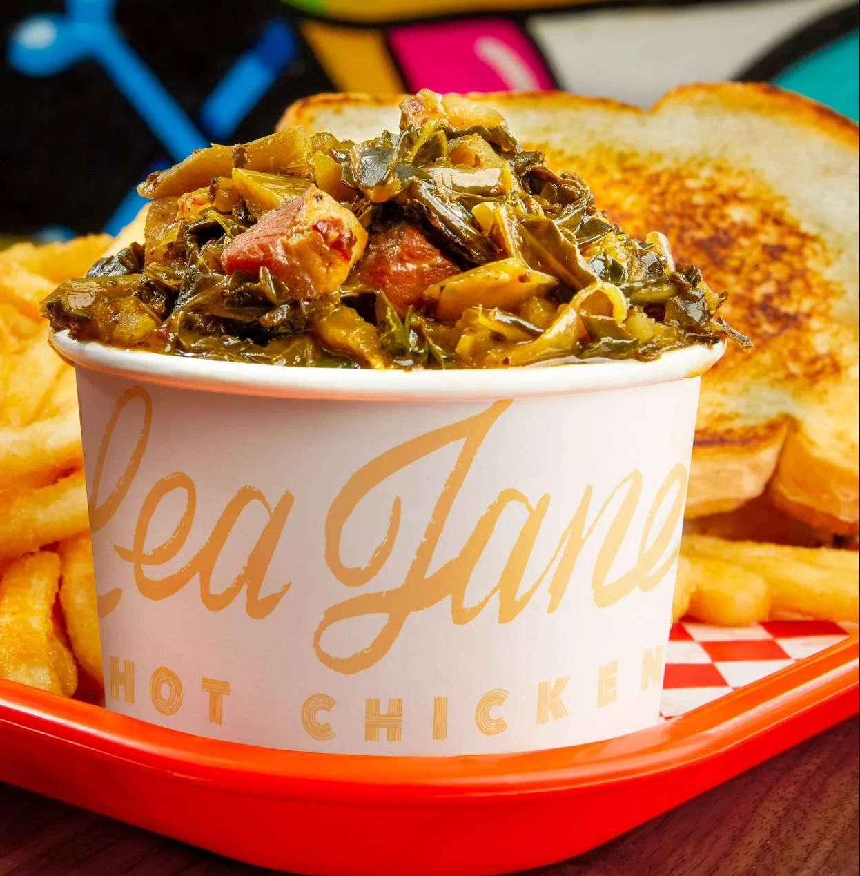 Southern collard greens with cornbread and fries