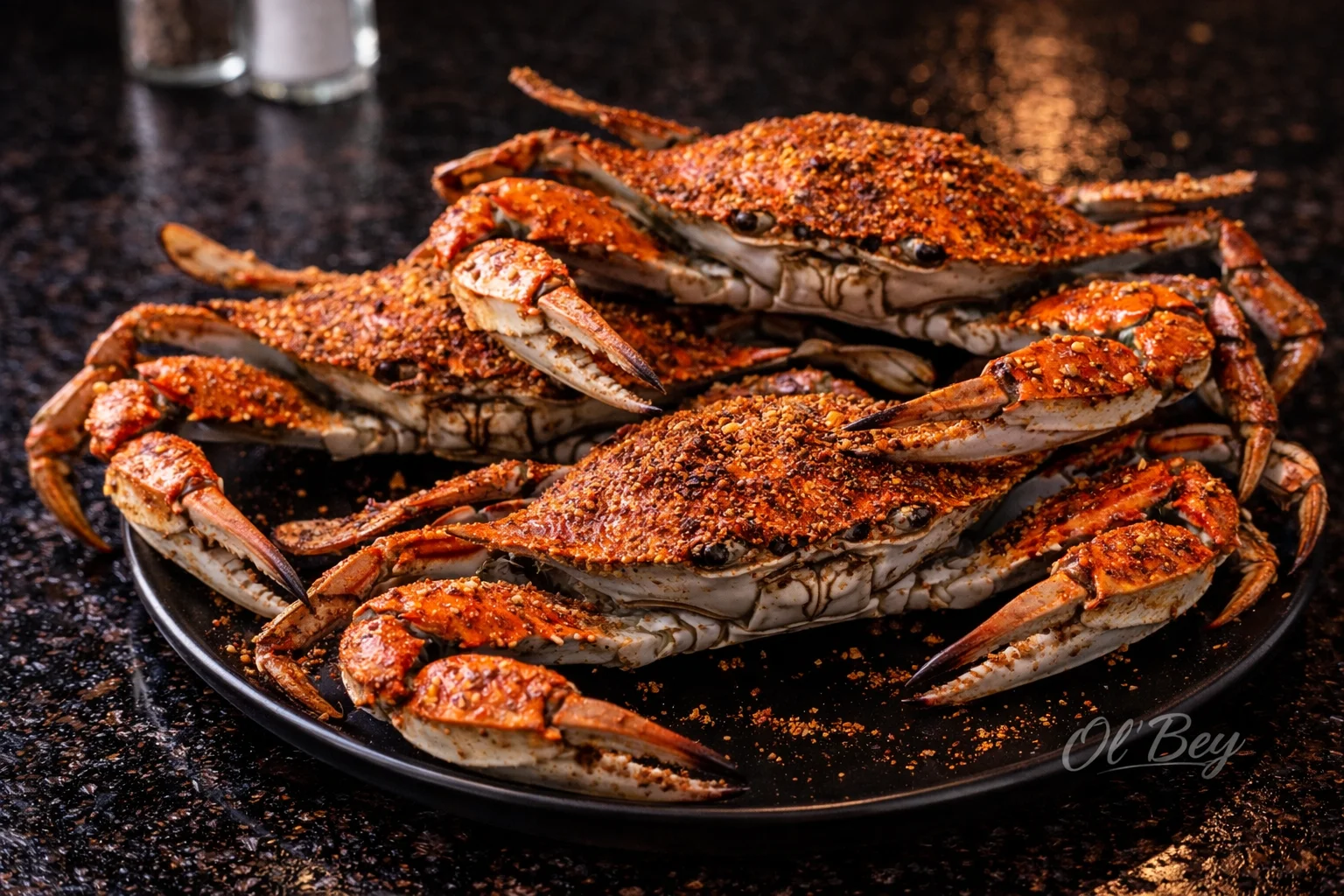A plate of seasoned crabs, beautifully arranged with a spicy coating, showcasing their vibrant orange color.