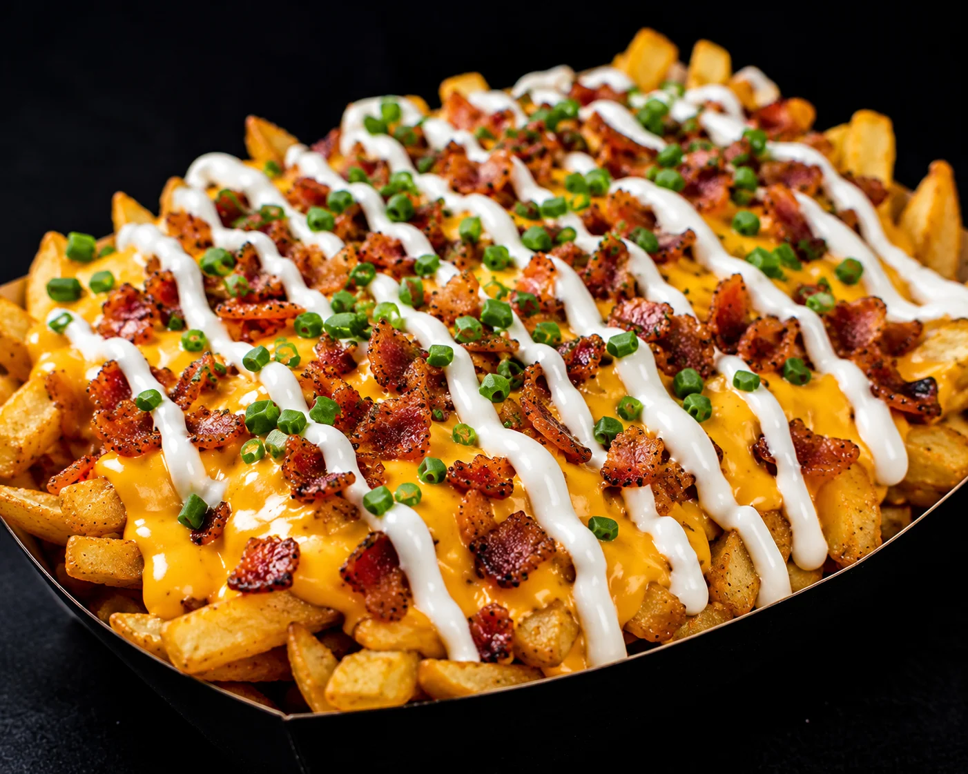 A large serving of fries topped with cheese sauce and crispy bacon bits, garnished with chopped green onions, served in a vibrant basket.