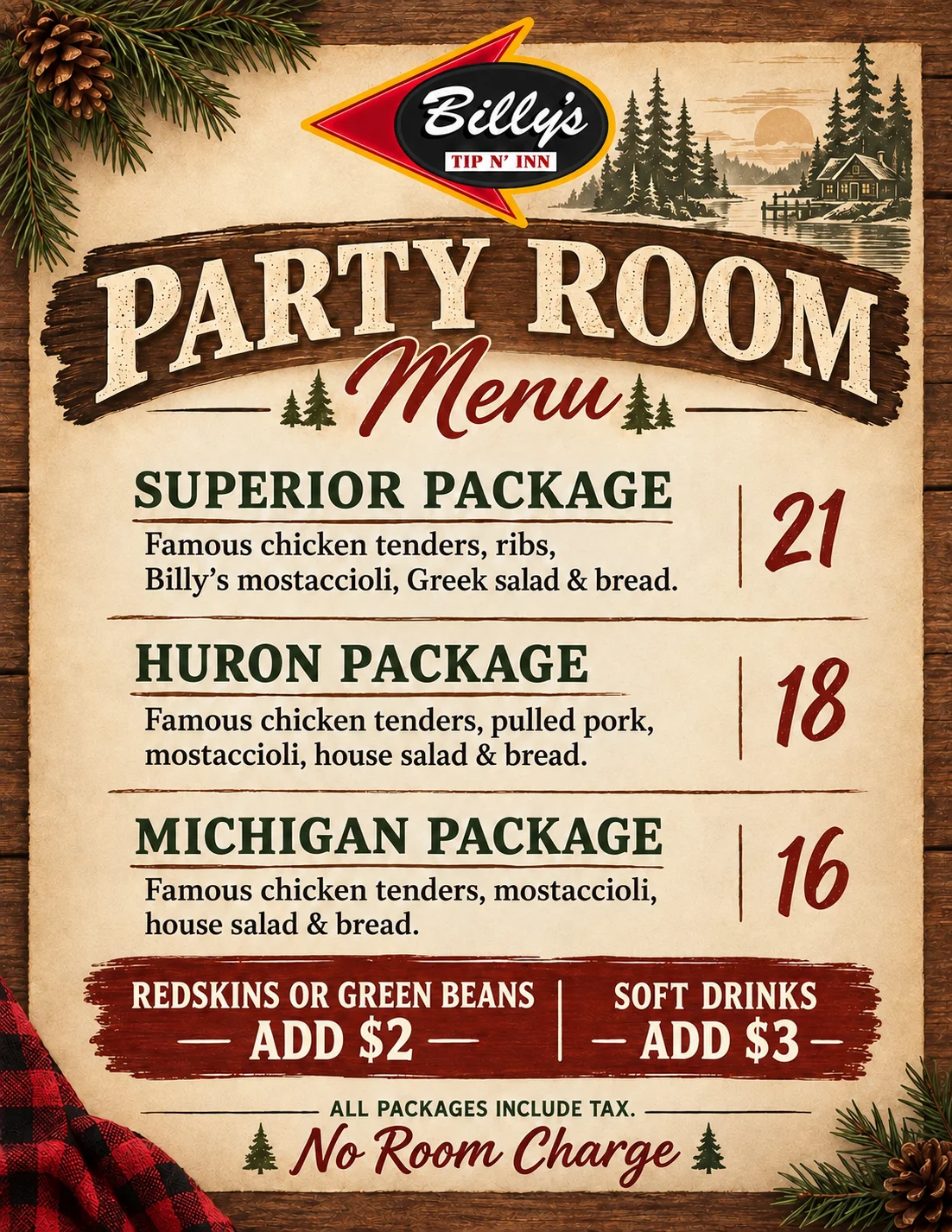 Party room menu for Billy's Tip N Inn with package options