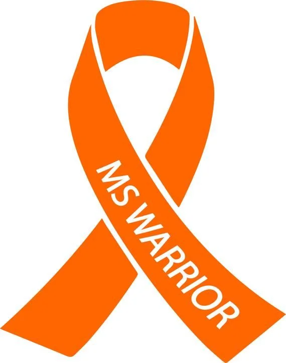 An orange awareness ribbon with the text 'MS WARRIOR' prominently displayed.