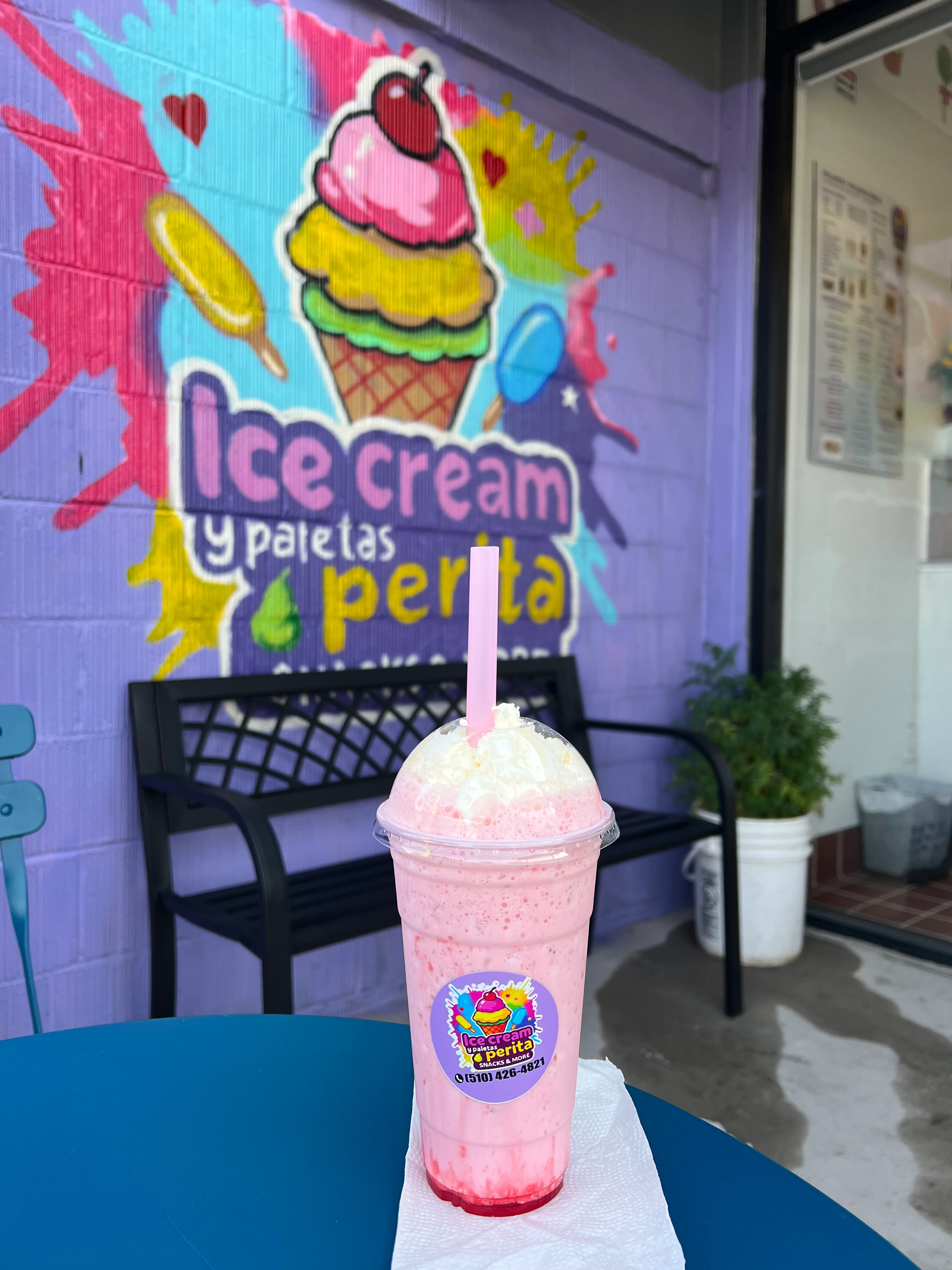 Refreshing strawberry milkshake at an ice cream shop