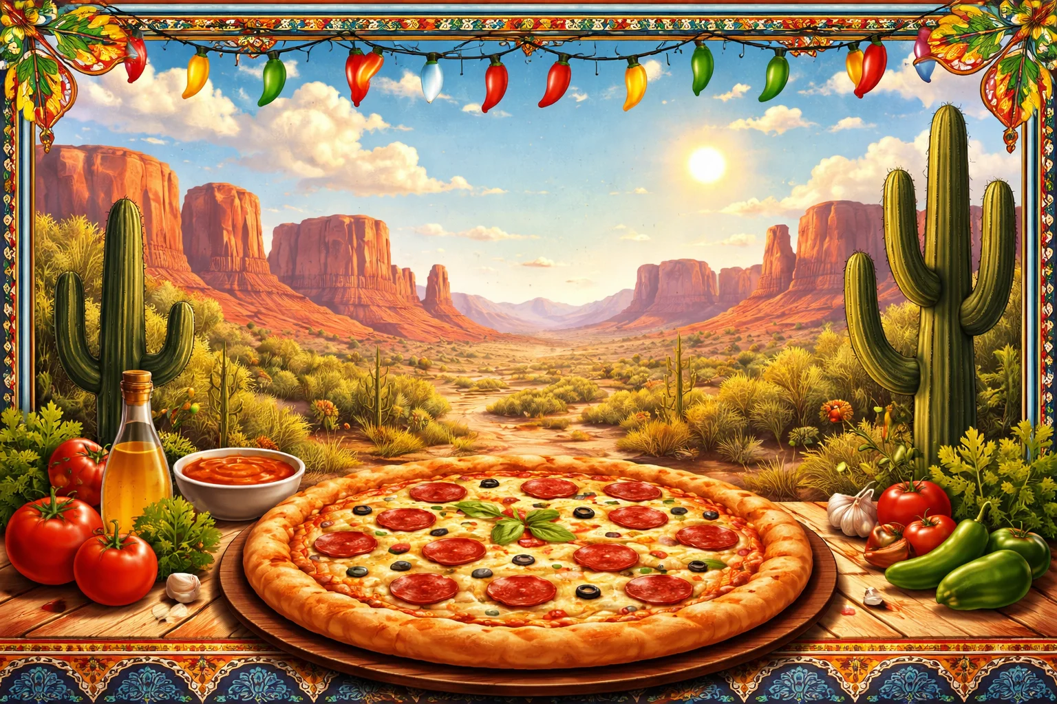 Delicious pepperoni pizza in a Southwestern landscape
