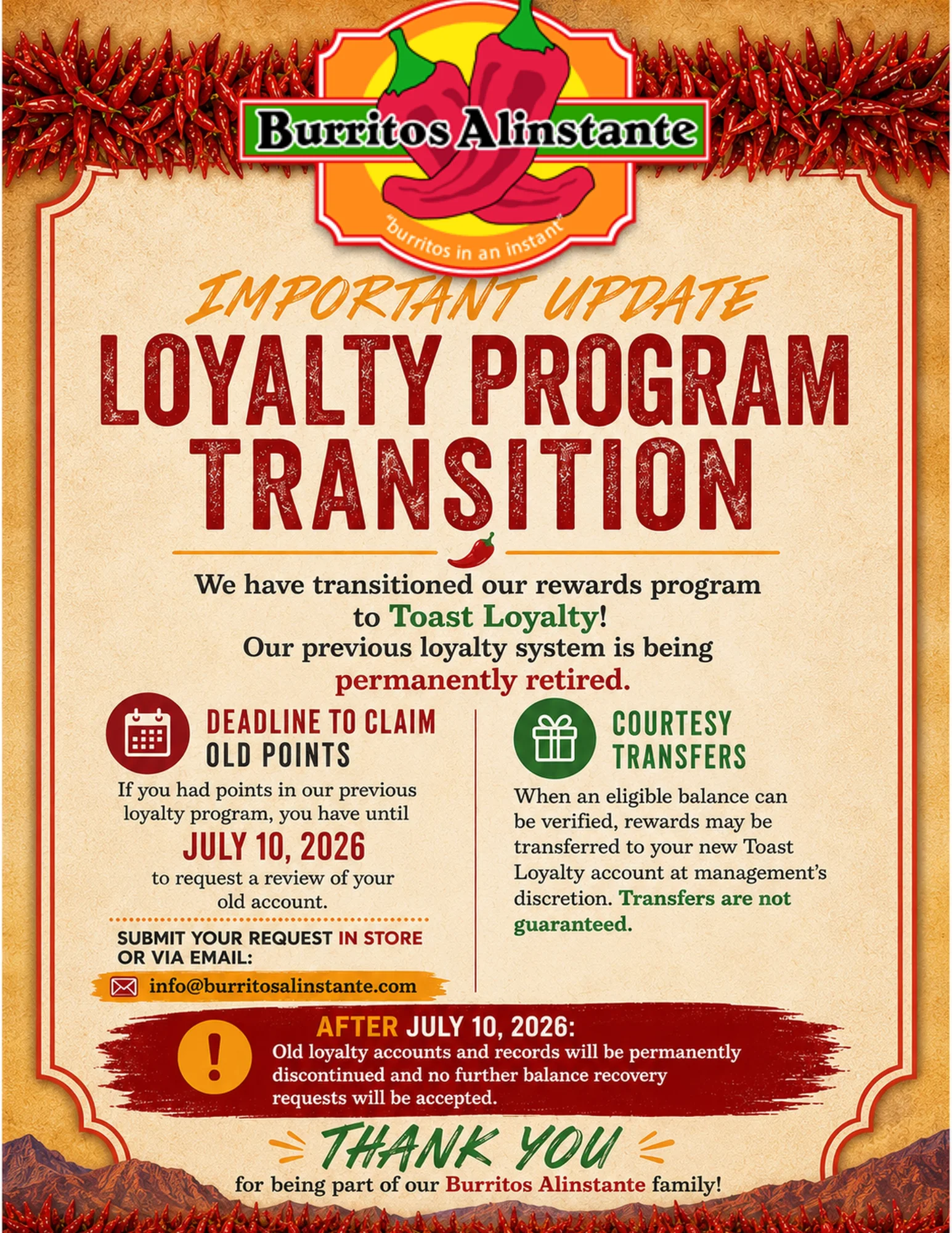 Announcement for Burritos Alinstante loyalty program transition