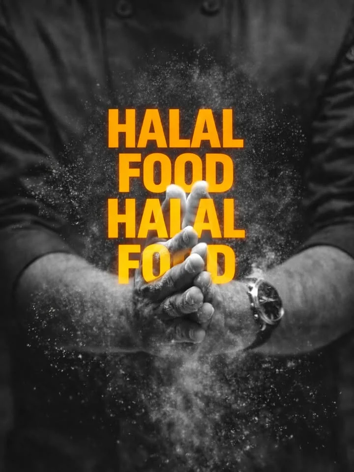A chef's hands are seen clasping together with a dusting of flour or spices, accompanied by bold text stating 'Halal Food'.