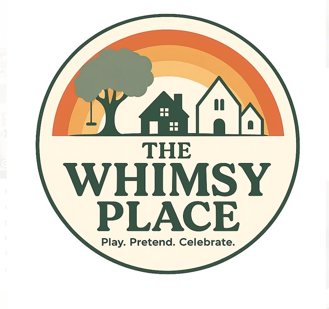 A logo for The Whimsy Place, featuring a rainbow, a tree, and stylized houses. The logo emphasizes themes of play and celebration.