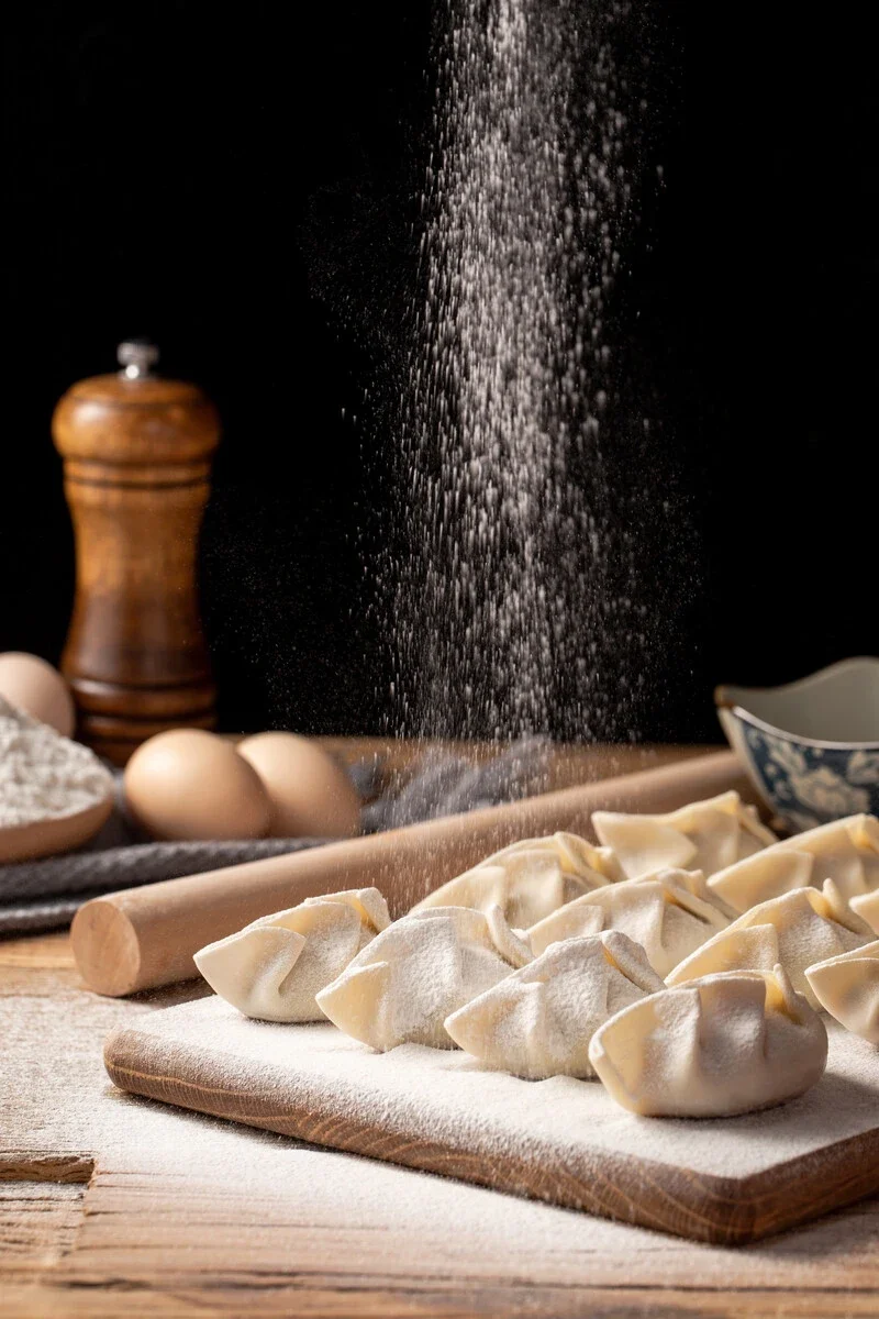 Homemade Chinese dumplings dusted with flour