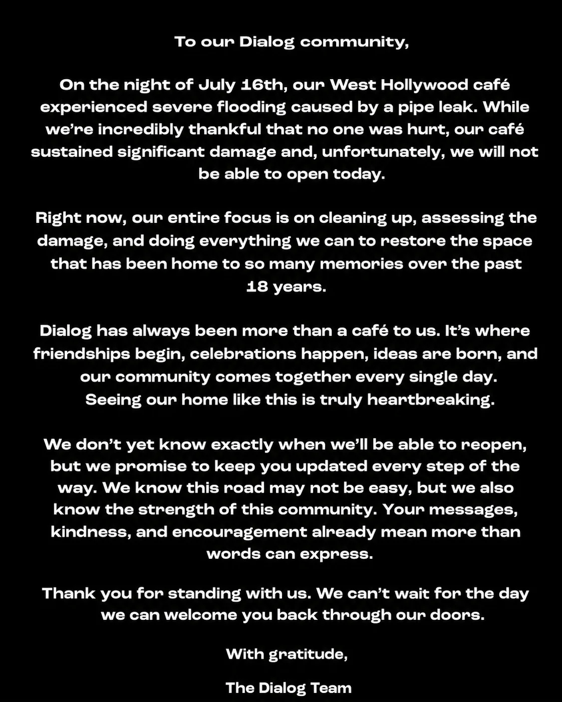 Community message from Dialog café about flooding incident