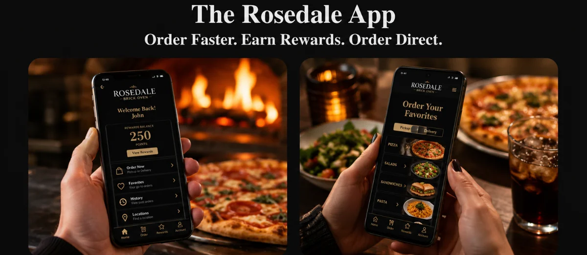 Rosedale app interface showcasing pizza and rewards program