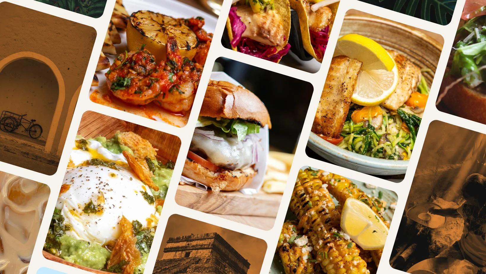 Colorful assortment of global dishes including tacos and grilled seafood